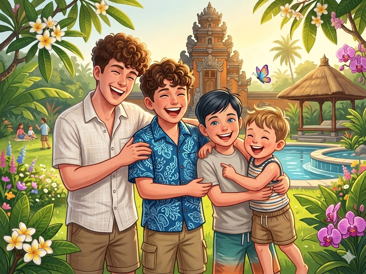 Familiebillede: drenge på Bali